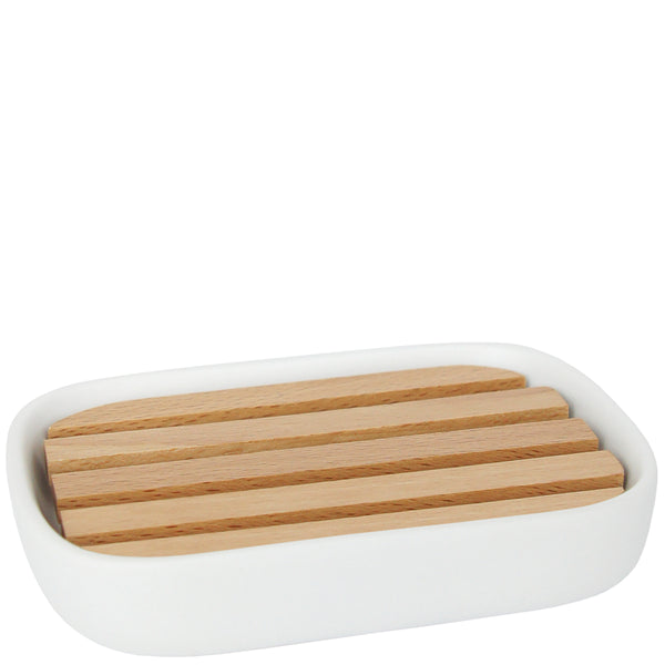 Soap Dish with wooden tray white