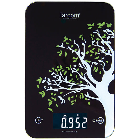 Báscula cocina "árbol" negra con LCD retroiluminado, con función tara & pila de litio (con colgador de pared)