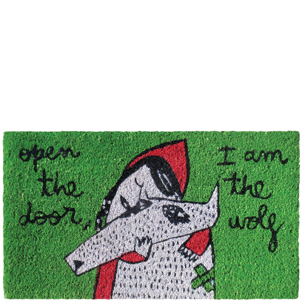 Doormat "open the door, I am the wolf" green