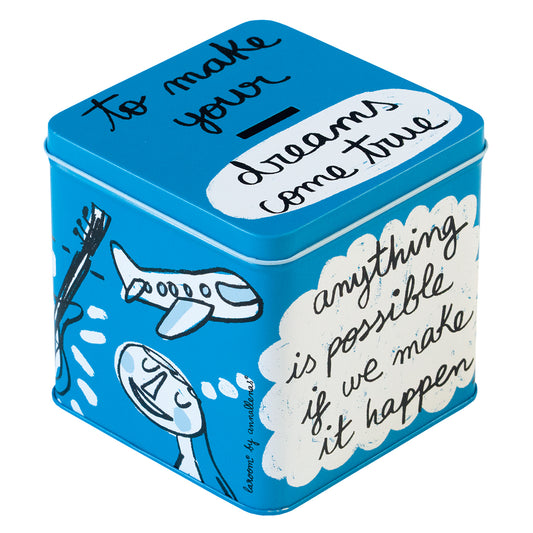 Boîte à monnaie en métal "pour réaliser vos rêves" bleu