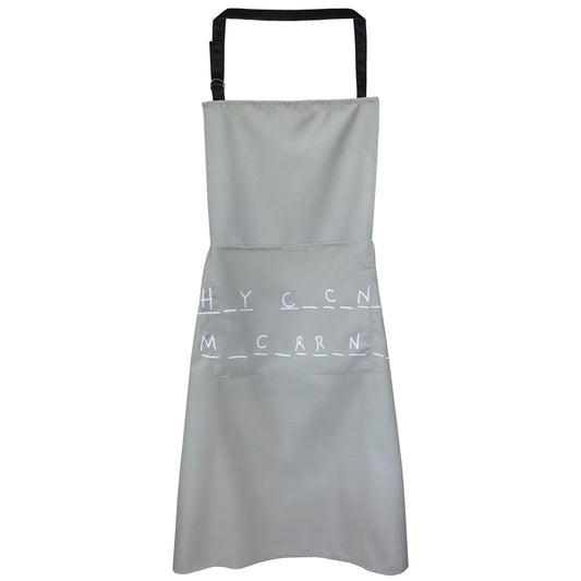 Tablier de cuisine "H_Y C_C_N_ M_C_RR_N_ _" gris avec double poche (principale & portable) cintre & hauteur réglable