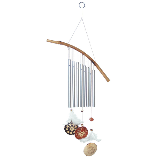 Metal wind chime with feathers & 3 coconut crafted circles 54cm