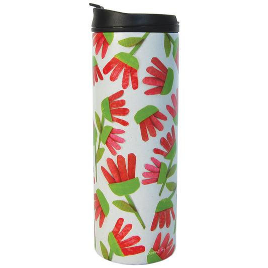 Termo para líquidos 400ml. "flores rosa" doble pared Inox & tapón anti goteo