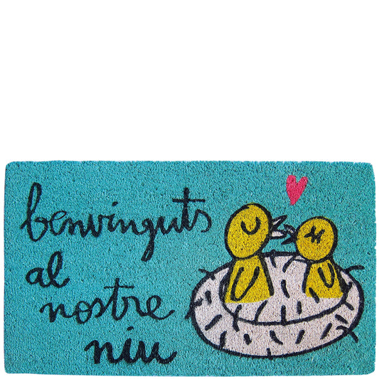 Felpudo azul "benvinguts al nostre niu"