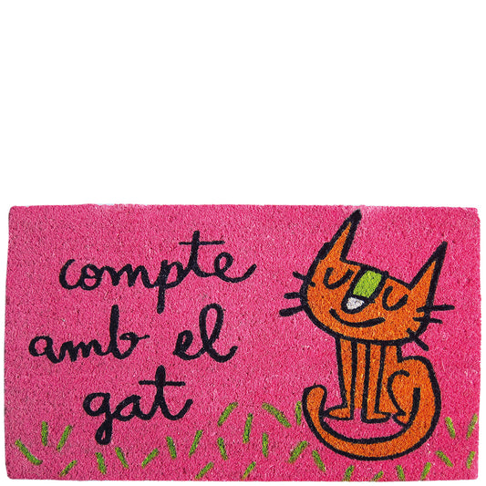 Felpudo fucsia "compte amb el gat"