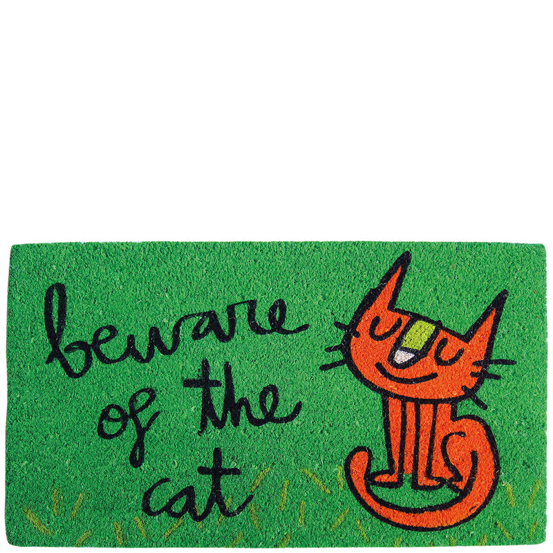 Felpudo verde "beware of the cat"