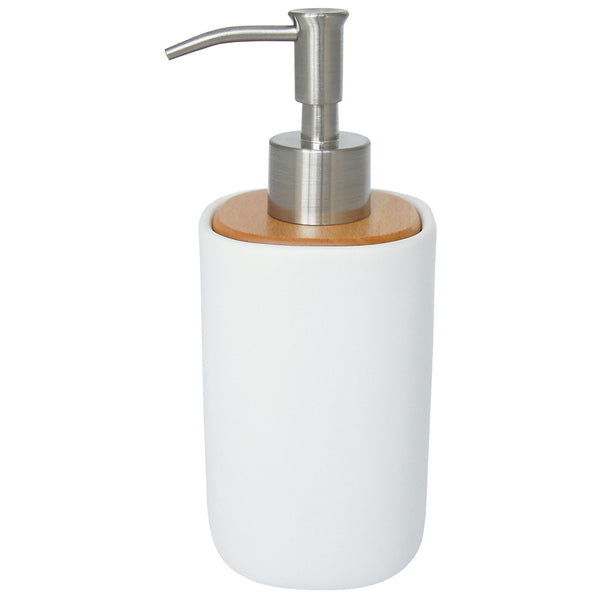 Distributeur de savon avec dessus en bois blanc