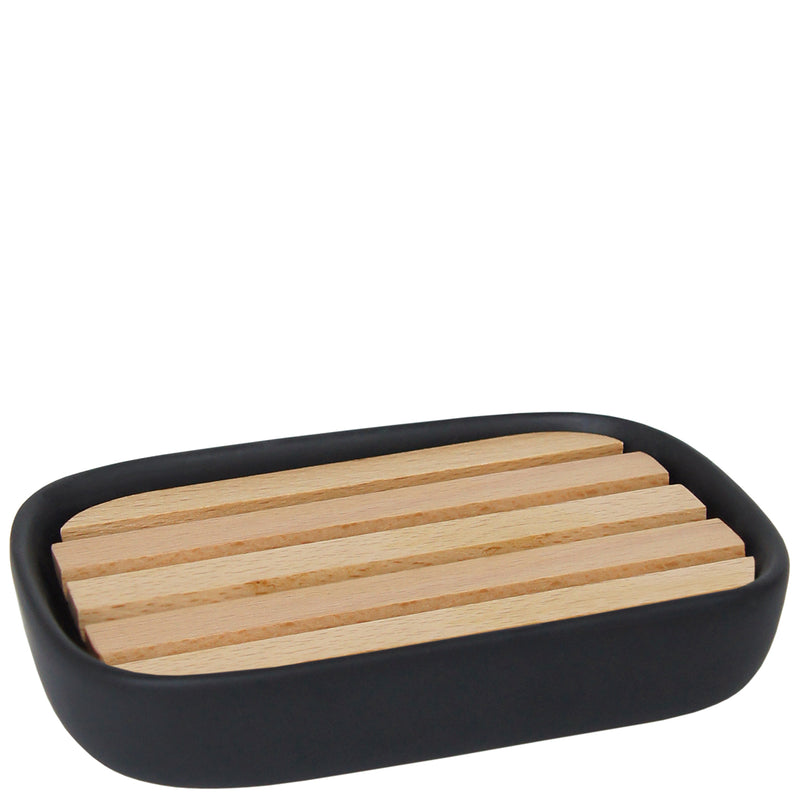 Soap Dish with wooden tray black