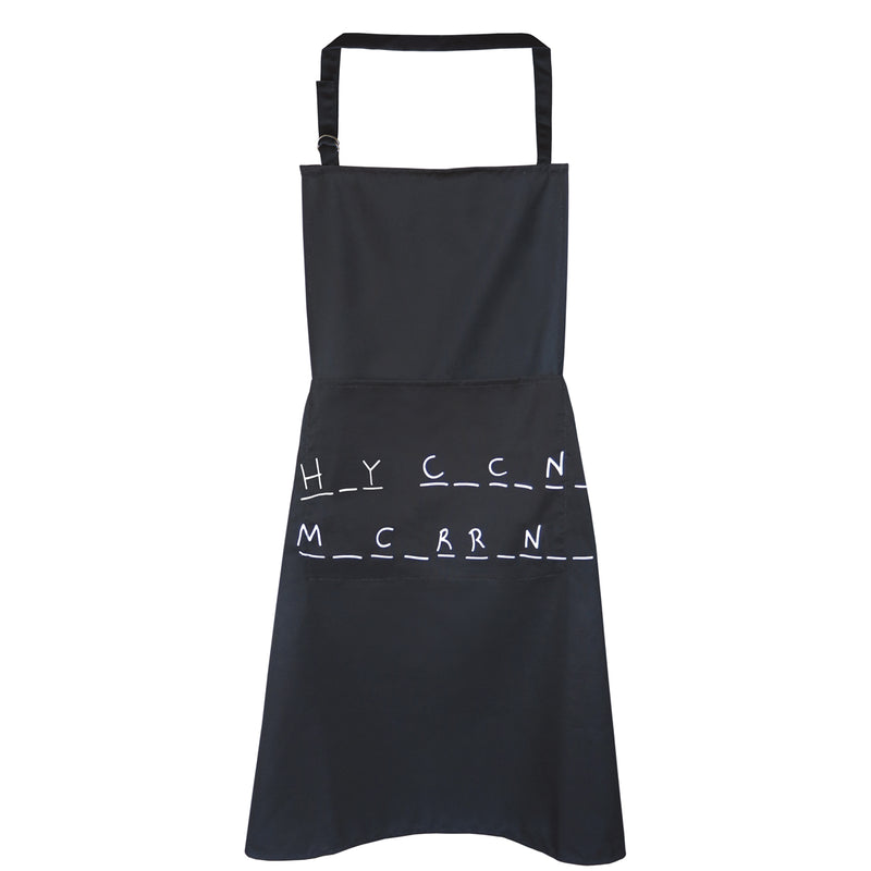 Tablier de cuisine "H_Y C_C_N_ M_C_RR_N_ _" noir avec double poche (principale et portable) cintre en tissu & hauteur réglable