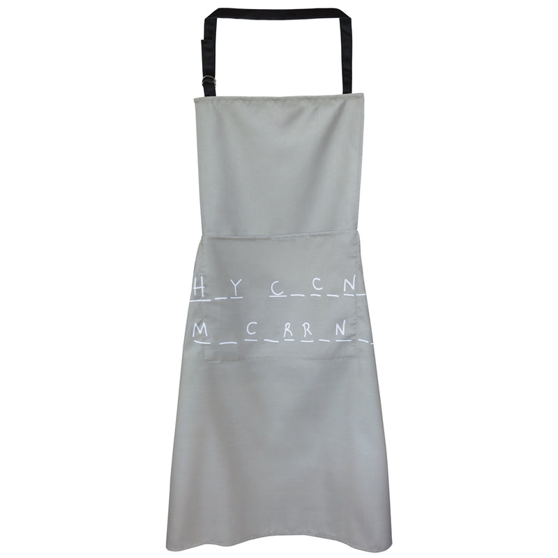 Kitchen apron "H_Y C_C_N_ M_C_RR_N_ _" gray with double pocket (main & cell phone) cloth hanger & adjustable height