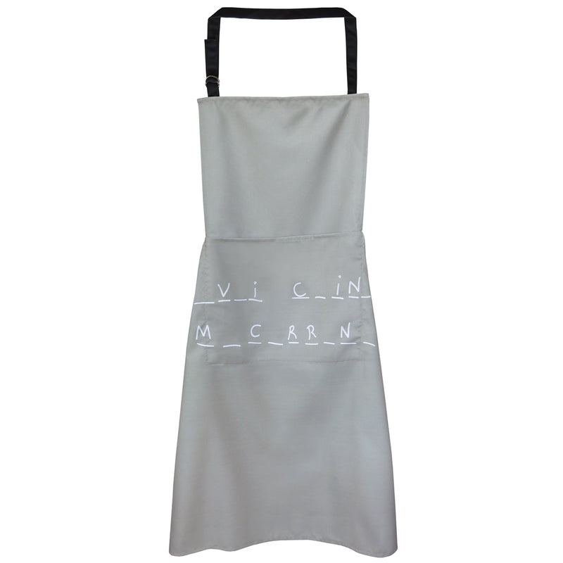 Tablier de cuisine "_V_I C_IN_ M_C_RR_N_" gris avec double poche (principale et portable) cintre en tissu & hauteur réglable