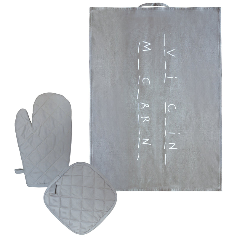 Set cotton kitchen cloth & oven mitts "_V_I C_IN_ M_C_RR_N_" gray