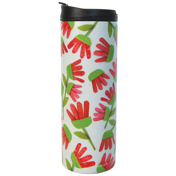 Double wall Vacuum Flask for liquids 400ml. "pink flowers" Stainless steel & anti-drip cap