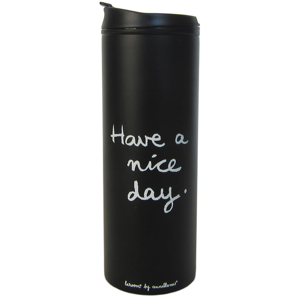 Double wall Vacuum Flask for liquids 400ml. "have a nice day" Stainless steel & anti-drip cap