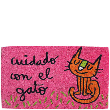 Felpudo fucsia "cuidado con el gato"