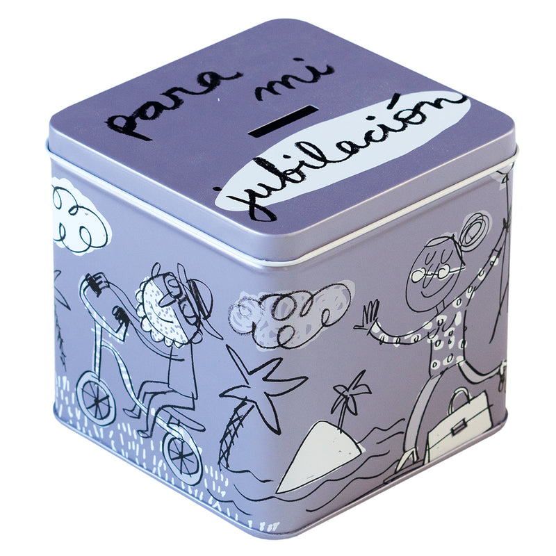 Metal coin box "para mi jubilación" violet
